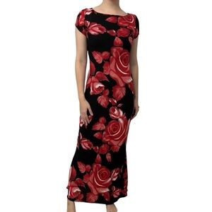 Vintage Maxi Dress Floral Print Whimsigoth Black Red Long Fairy Size 9 Small